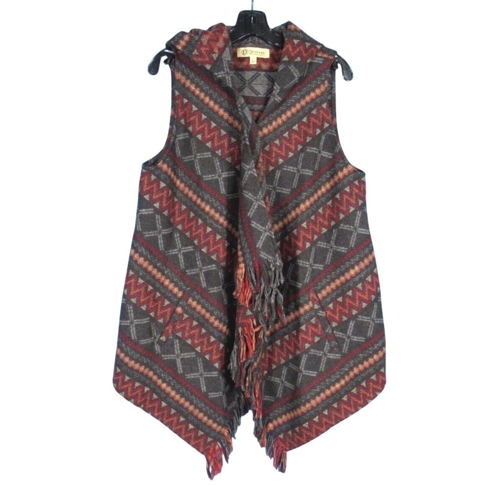 DEMOCRACY Gray/Multi Boho Western FLEECE 1-Button DRAPED Fringe HOODED VEST Sz S